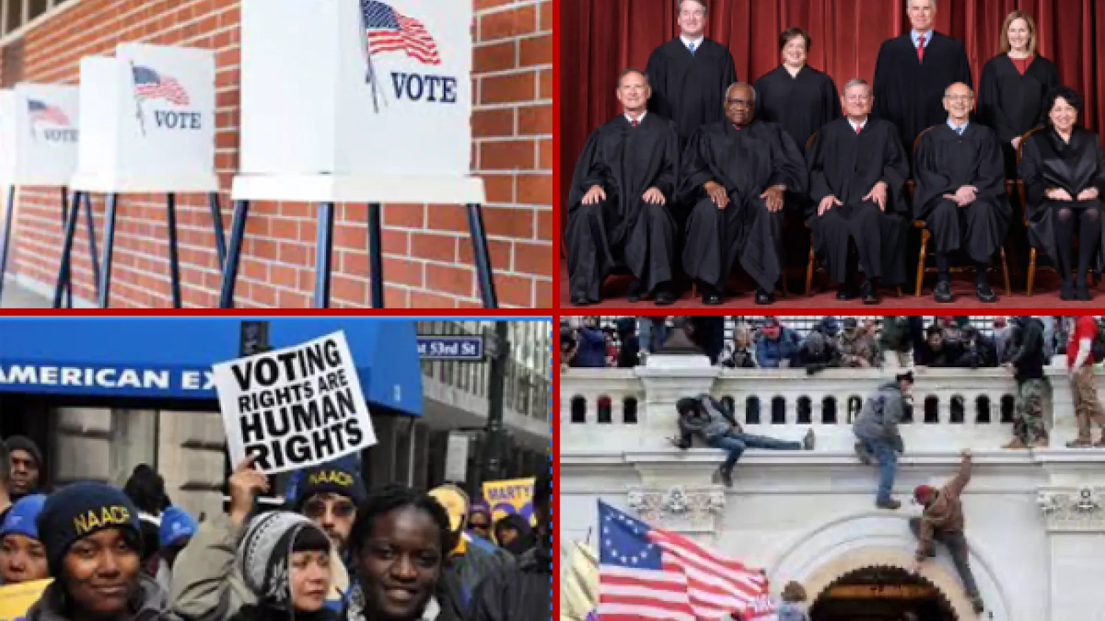 collage of photos including Supreme Court, protesters, January 6