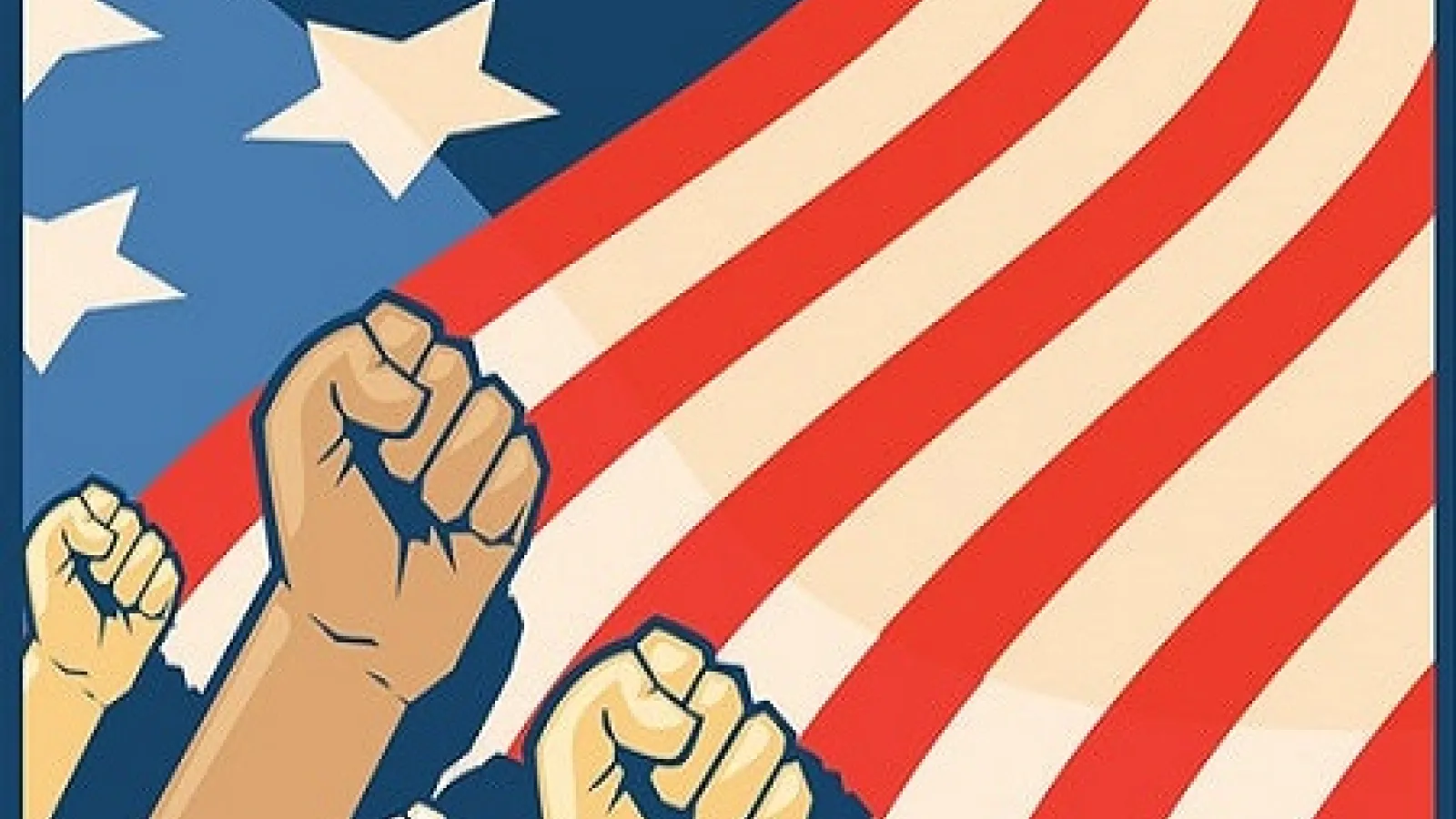 people raising arms high with the american flag in the background