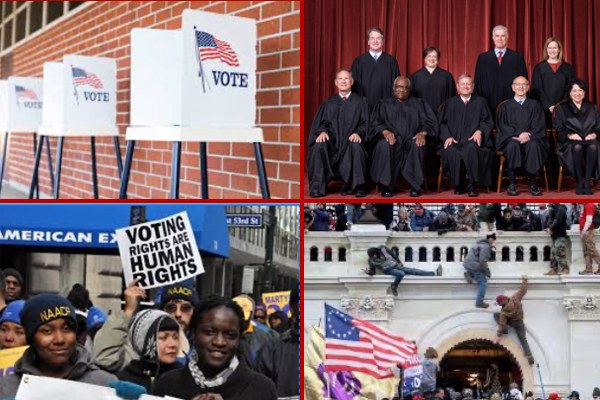 collage of photos including Supreme Court, protesters, January 6